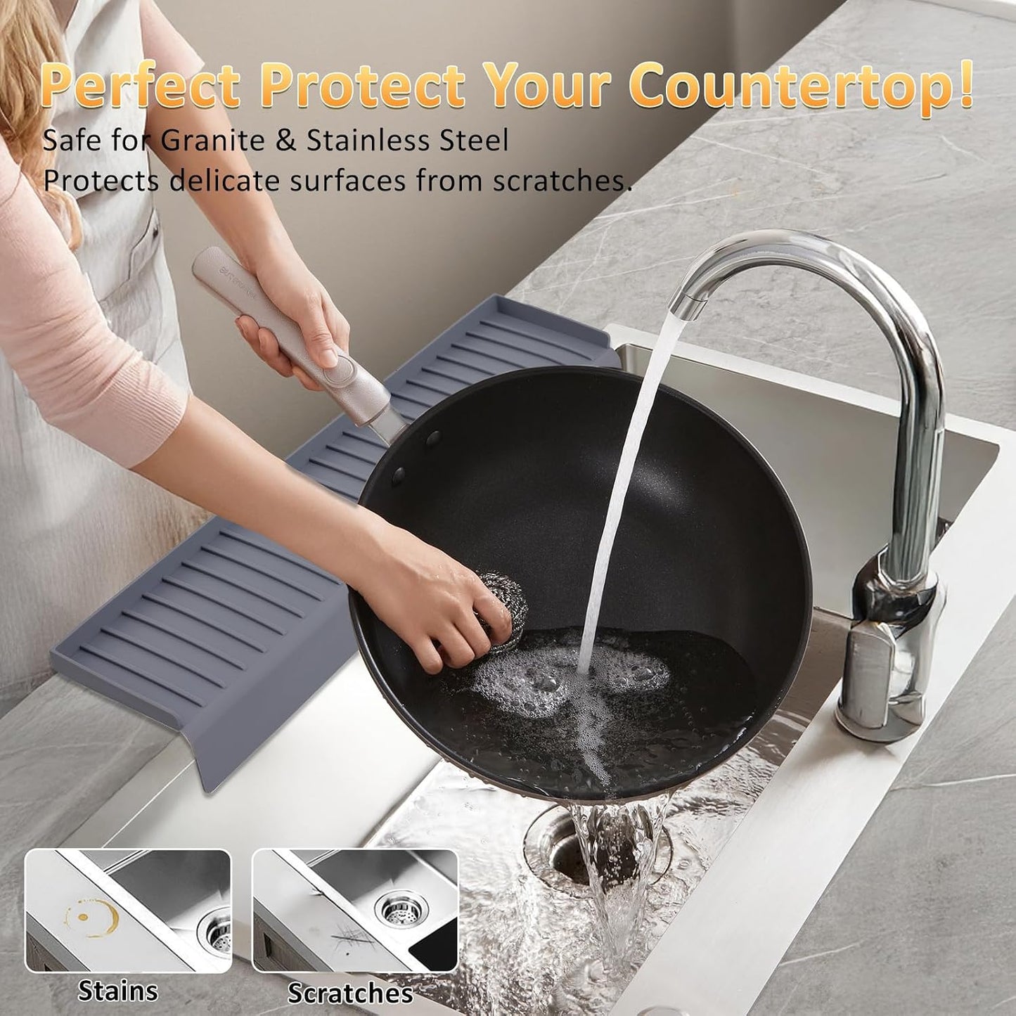 Sink Edge Protector with Suction Cup 14" 20" 24" 30", Silicone Sink Splash Guard for Kitchen & Bathroom, Protect Countertop from Scratches, Stains, for Stainless Steel Granite Quartz-Grey