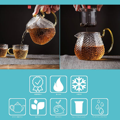 Glass Filtering Tea Maker Teapot with a Warmer and 6 Double-walled Tea Cups Set (Heating base, Standard)
