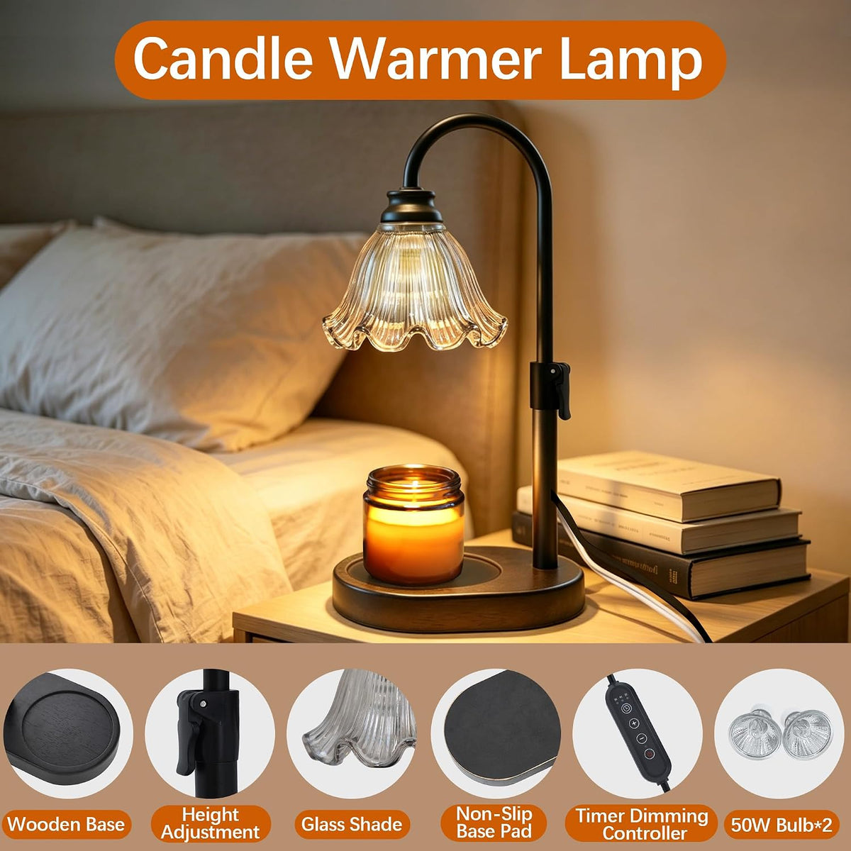 Candle Warmer Lamp with Timer and Dimmer, Adjustable Height Design