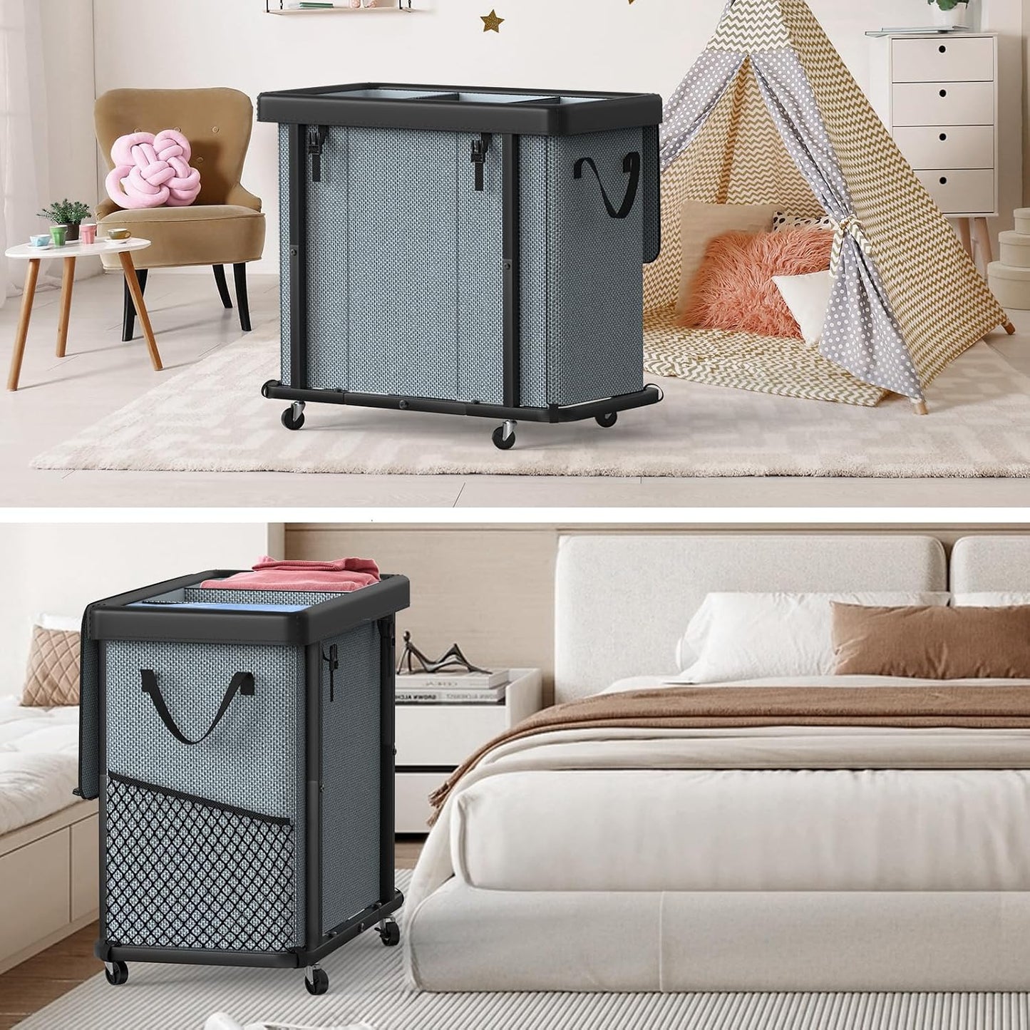 Laundry Hamper with Wheels,150L Leather Patchwork Clothes Hamper Black | Rolling Laundry Basket with Sturdy Metal Frame, Removable Washable Bag,Tall Clothes Sorter for Bedroom, Laundry Room, Dorm