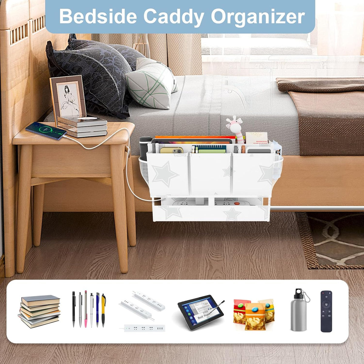 homyfort Bedside Caddy Organizer, Dual-Purpose Bedside Storage with Power Strip Holder, Versatile Bed Caddy with 11 Pockets for Bunk Bed, College Dorm, Home, Hospital, Fits Phones, Books, Blue