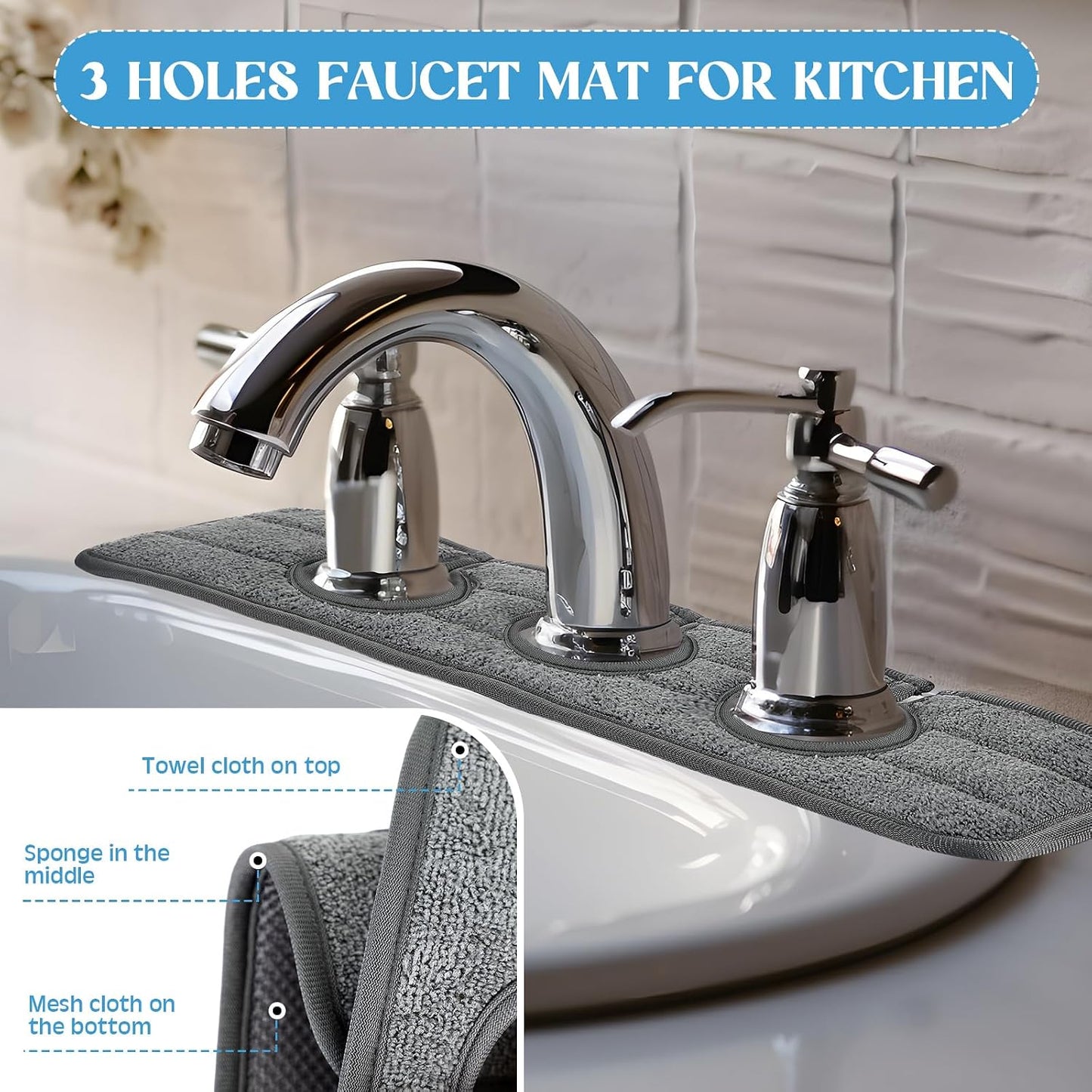 Teenyyou 2 Pcs Faucet Mat for Kitchen Sink Splash Guard for Kitchen Sink Faucet Dish Drying Mat for Bathroom Sponge Holder(Dark Gray,3 Round Holes)