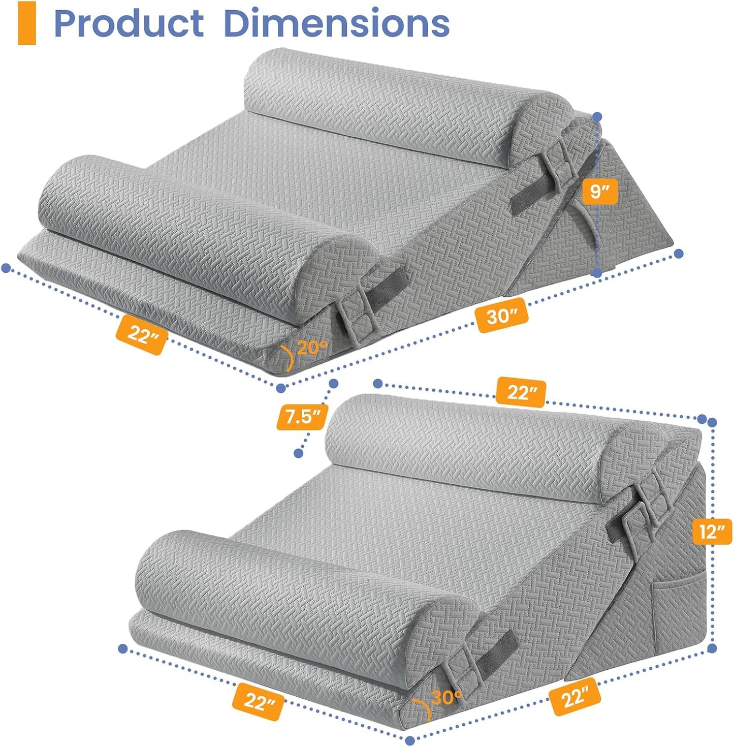 Sasttie Adjustable Wedge Pillow Set for After Surgery, Dark Grey & White | Bed Wedge Pillow Headboard with Memory Foam Neck Cushion, for Acid Reflux, Sleeping, Neck & Back Support