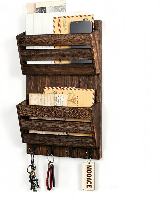 MOOACE Mail Organizer Wall Mount, Wood Mail and Key Holder with Hooks | 2-Slot Mail Sorter Organizer, Office File Organizer Letter Folder for Home Farmhouse Entryway Wall Decor