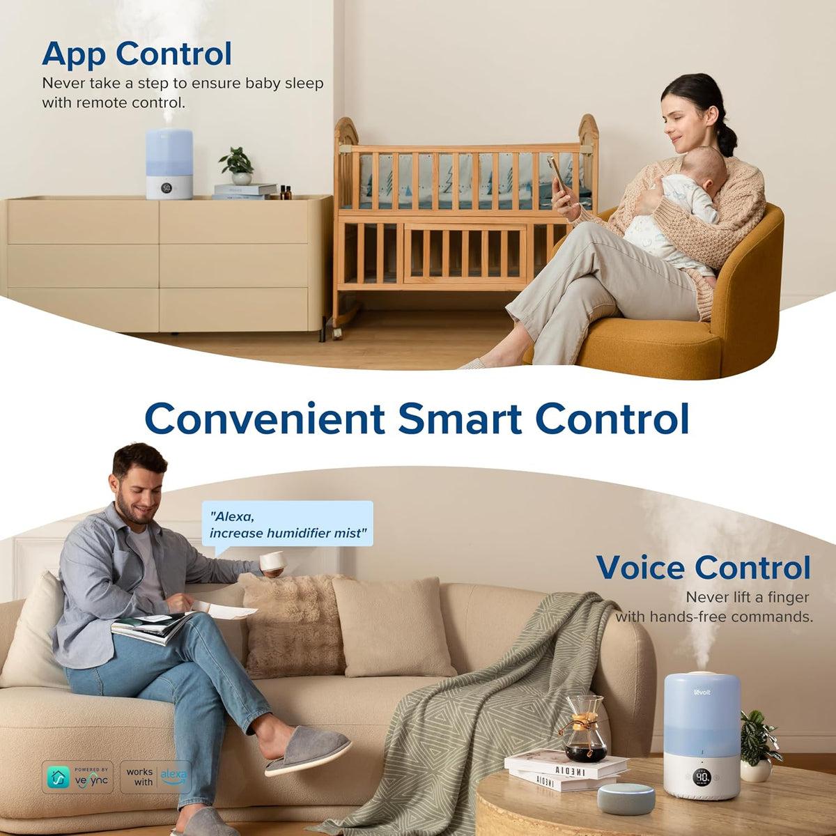 Levoit Top Fill Humidifiers for Bedroom, 2.5L Tank for Large Room, 25dB