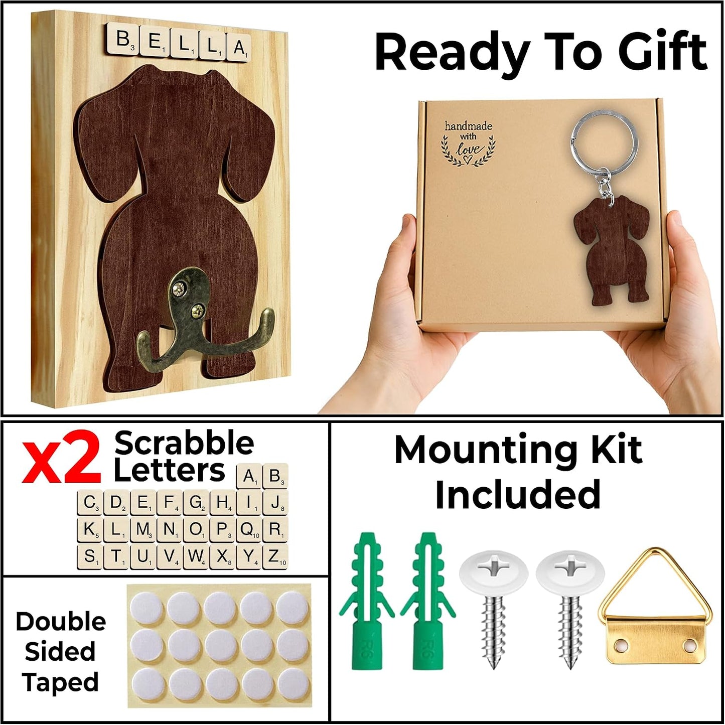 Dog Leash Holder Wall Mount, Pet Harness Hanger with Scrabble Letters, Dog Collar Organizer for Entryway, Memorial Cat Leash Holder for Wall, Pet Loss Gifts, Keepsake, Home Decor PF212-NAT