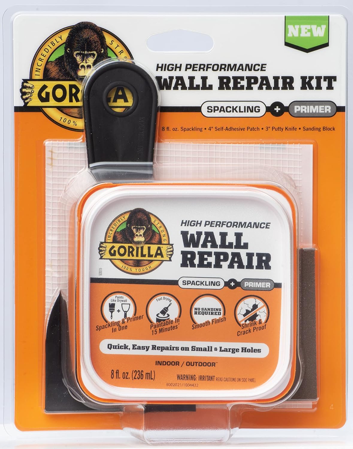 GORILLA Wall Repair Kit, Heavy Duty Spackling, 8 fl oz Tub, 4 in Patch | Includes 3 in Putty Knife, Sanding Block, Lightweight Drywall Filler, Strong Repairs for Walls and Ceilings