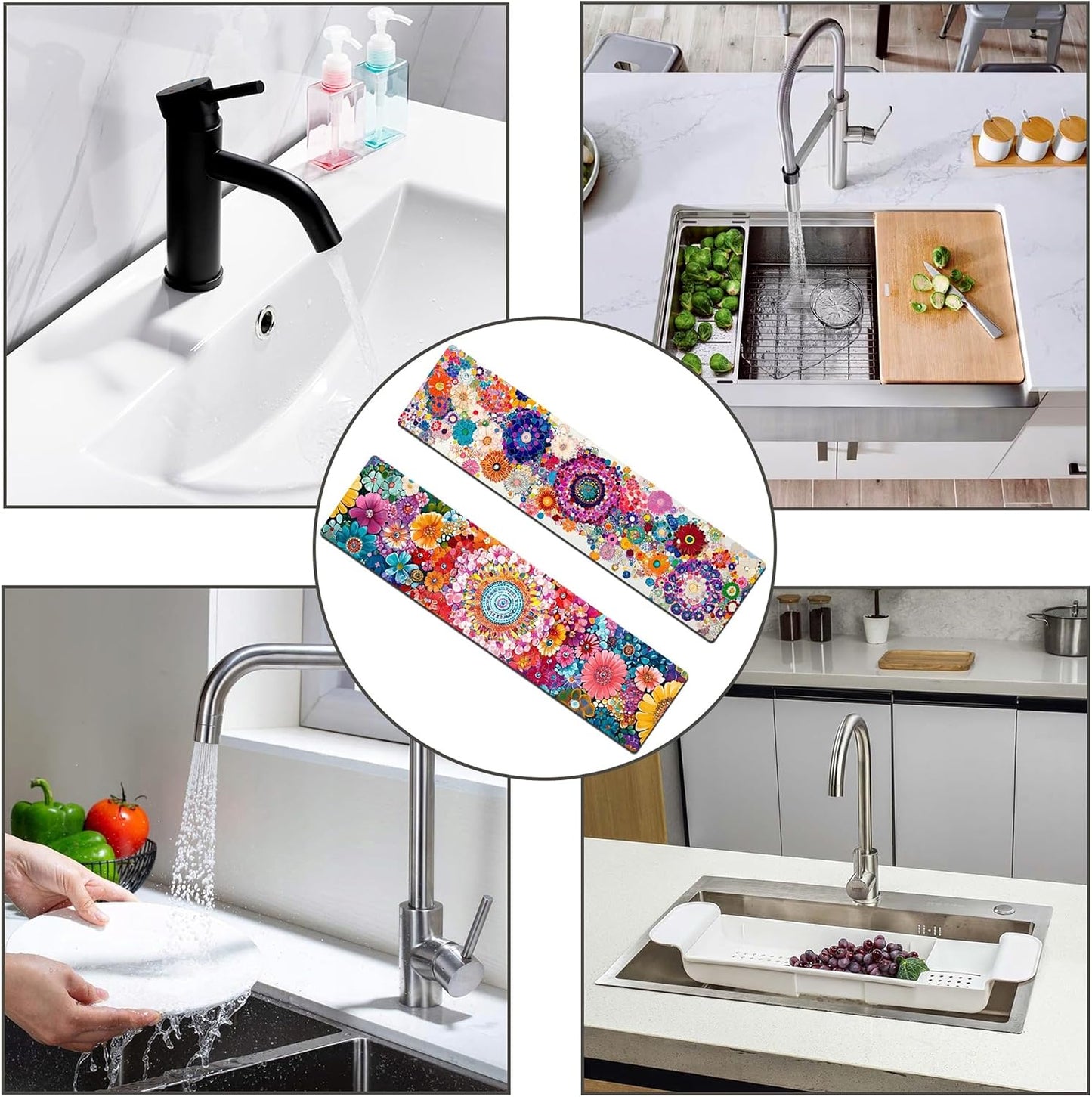 Bimkole 2 PCS Faucet Absorbent Mat, Kitchen Faucet Sink Splash Guard Wraparound Cloth Pads Drip Catcher for Sink Faucet for Kitchen Bathroom Faucet, Colorful Faucet Mat, 15 x 4 Inch Flower A6