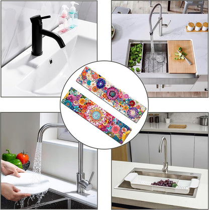 Bimkole 2 PCS Faucet Absorbent Mat, Kitchen Faucet Sink Splash Guard Wraparound Cloth Pads Drip Catcher for Sink Faucet for Kitchen Bathroom Faucet, Colorful Faucet Mat, 15 x 4 Inch Flower A6