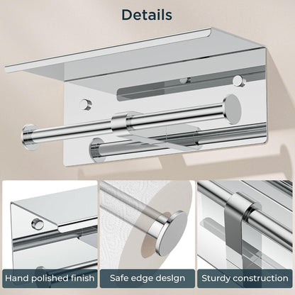 FORIOUS Toilet Paper Holder with Shelf, Commercial Toilet Paper Dispensers | Brushed Nickel | Wall Mount Bathroom Tissue Holder | SUS304 Stainless Steel Rustproof | Double Tissue Roll Holder