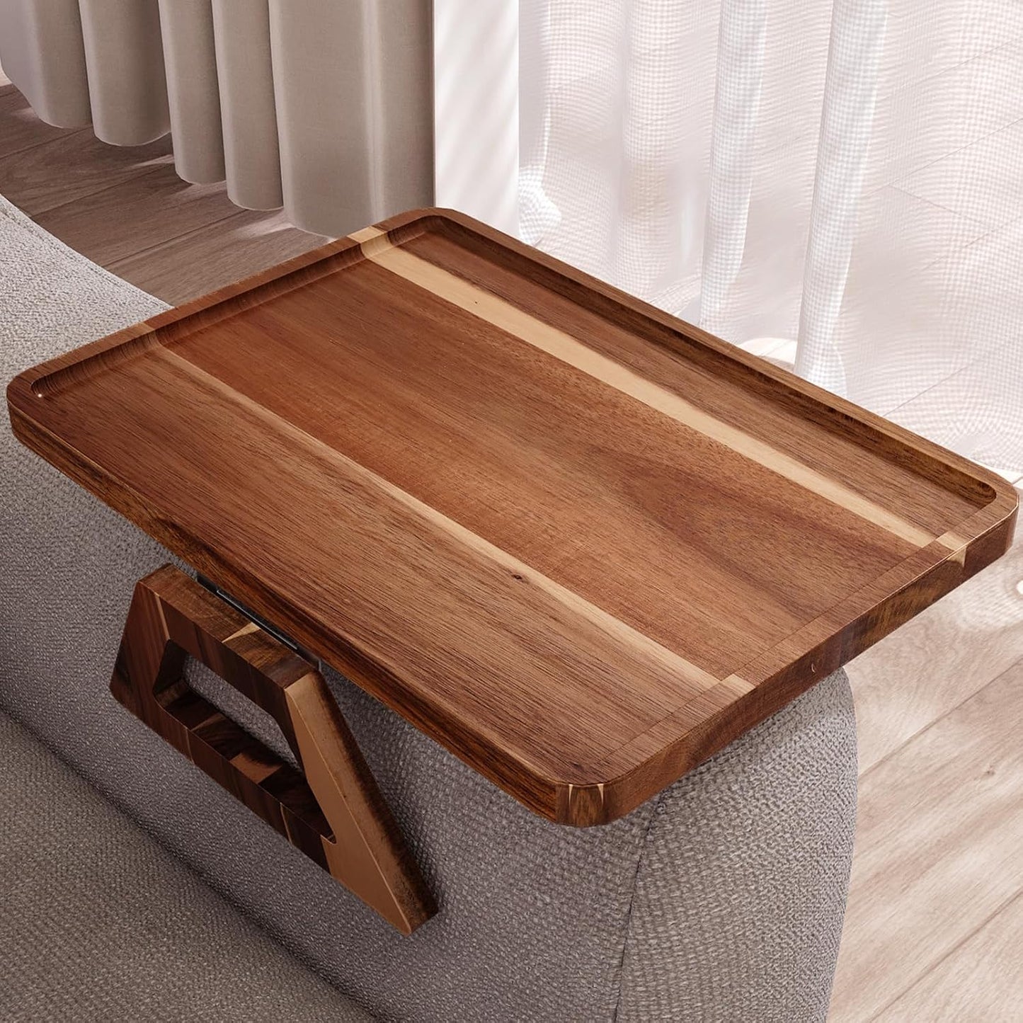 Acacia Wood Couch Arm Tray，Folding Sofa Armrest Table | Clip-On Couch Desk,Foldable, Non-slip,No Assembly，for Drinks Snacks Phone，Remote Control