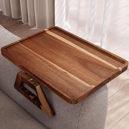 Acacia Wood Couch Arm Tray，Folding Sofa Armrest Table | Clip-On Couch Desk,Foldable, Non-slip,No Assembly，for Drinks Snacks Phone，Remote Control