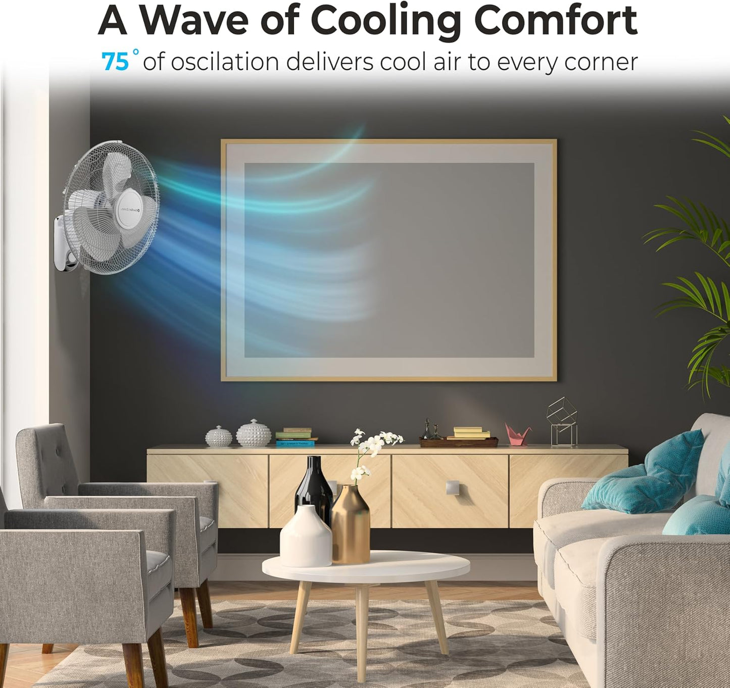 Comfort Zone 16-Inch Fan with Remote Control – Quiet 3-Speed Oscillating Indoor Fan with 90° Wide-Angle Airflow, Timer & Sleep Modes – Space-Saving Wall Fan for Bedroom, Home Gym & Office, White