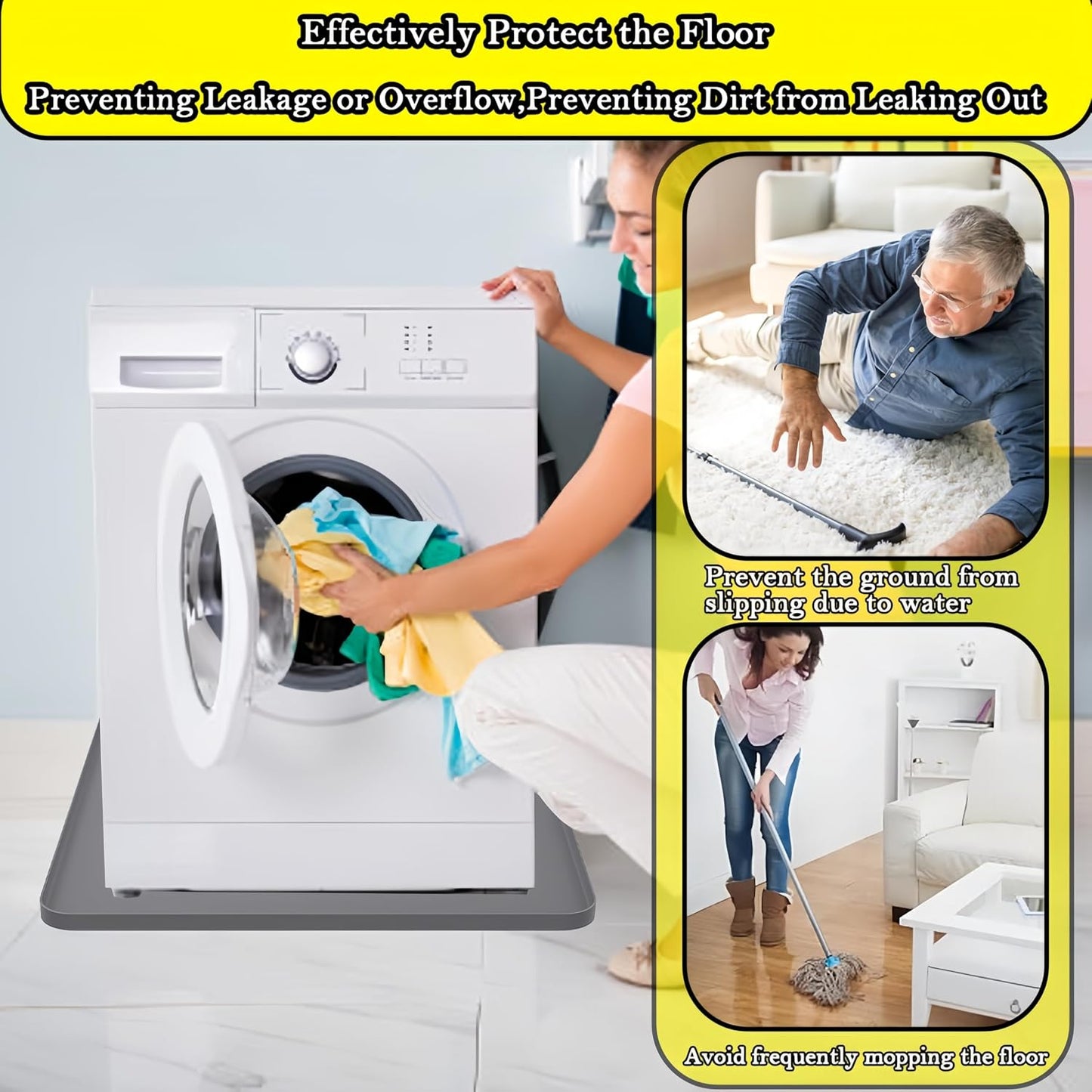 27×27inch Washer Drain Pan Silicone Mat, With Raised Edge Washing Machine Silicone Mat, Multi-function Non Slip, Soft Foldable Portable Waterproof Pad（black）