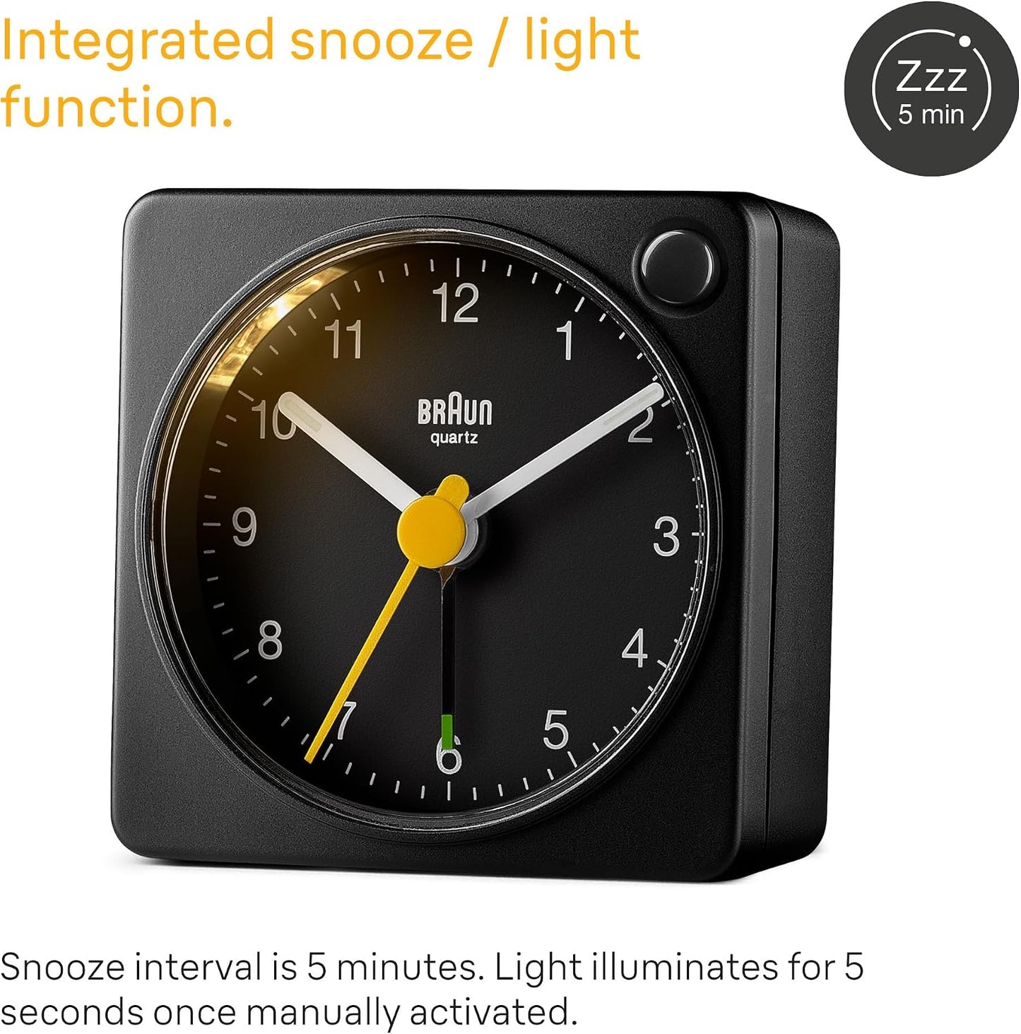 Braun Classic Travel Analogue Alarm Clock with Snooze and Light, Compact Size, Quiet Quartz Movement, Crescendo Beep Alarm in Black, Model BC02XB.