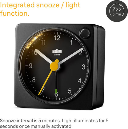 Braun Classic Travel Analogue Alarm Clock with Snooze and Light, Compact Size, Quiet Quartz Movement, Crescendo Beep Alarm in Black, Model BC02XB.