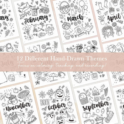 Everloria Premade Dotted Journal, 12 Months Pre-made Templates Bullet Notebook, 260 Hand-Drawn Coloring Pages, Undated Weekly & Monthly Planner, 7.8"x9.3" Linen Dot Grid Habit Mood Tracker, Sage Green