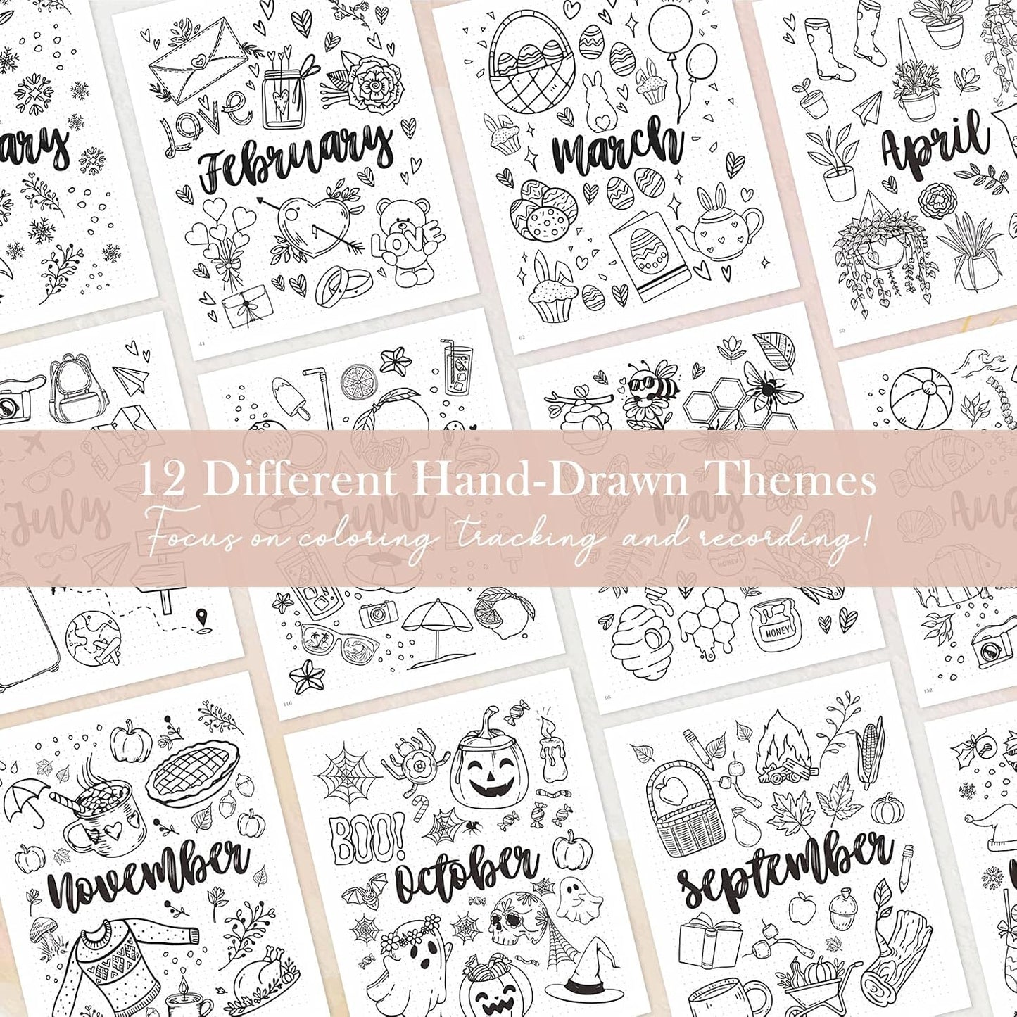 Everloria Premade Dotted Journal Notebook, 12 Months Pre-made Bullet Templates, 260 Hand-Drawn Coloring Pages, Undated Weekly & Monthly Planner, 7.8"x9.3" Linen Dot Grid Mood Habit Tracker, Lilac