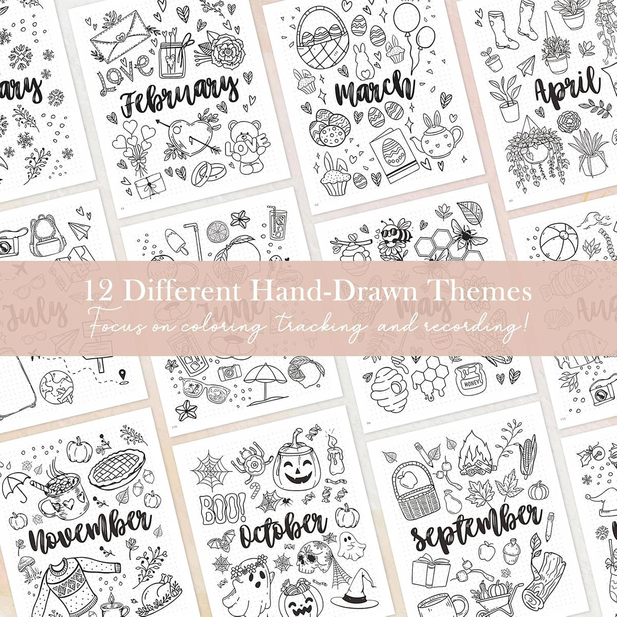 Everloria Premade Dotted Journal Notebook, 12 Months Pre-made Bullet Templates, 260 Hand-Drawn Coloring Pages, Undated Weekly & Monthly Planner, 7.8"x9.3" Linen Dot Grid Habit Mood Tracker, Lilac