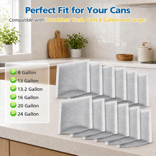12 PCS Activated Charcoal Trash Can Odor Absorbing Filter Refill Deodorizer | Compatible with iTouchless 8 Gallon or Larger Trash Cans, Odor Deodorizer for Home & Kitchen