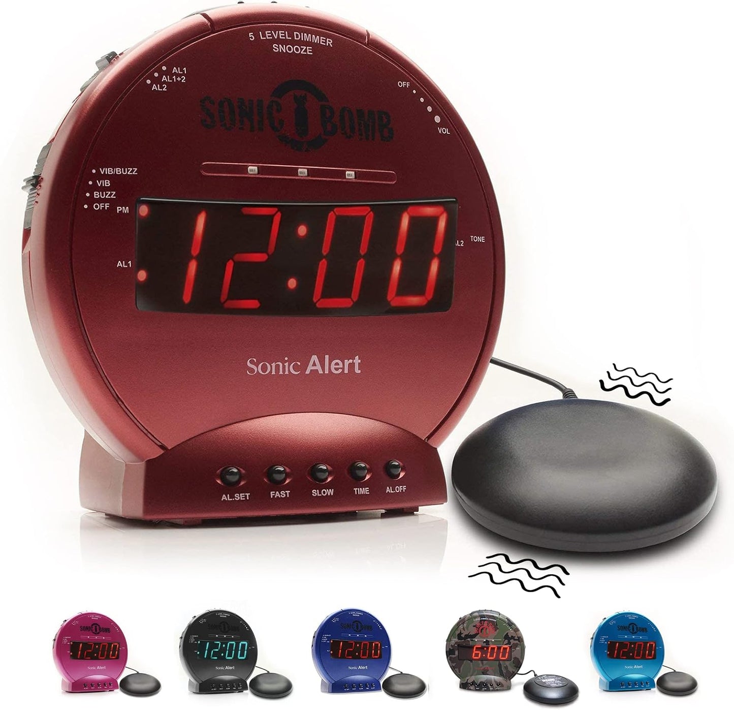 Sonic Alert Sonic Bomb Dual Alarm Clock with Bed Shaker, Black Vibrating Alarm Clock Heavy Sleepers, Battery Backup | Wake with a Shake