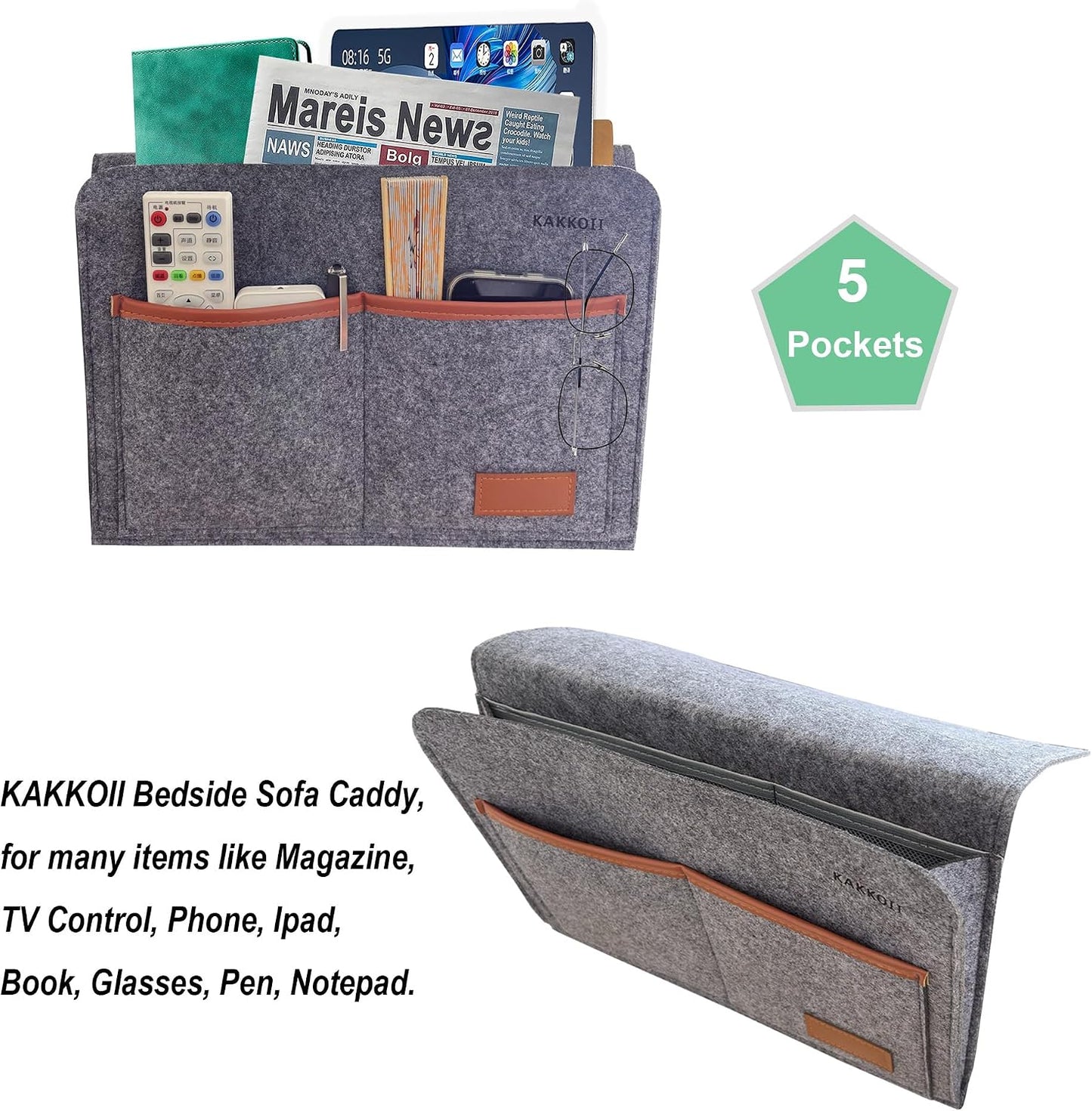 Bedside Caddy, Sofa Caddy, Storage Organizer Pocket for Dorm, Bedroom, 5 Pockets Felt Organizer for Magazine, Remote, Phone, Tablet, Pad, Glasses, Pen, Remote Control (Light Grey-Short)
