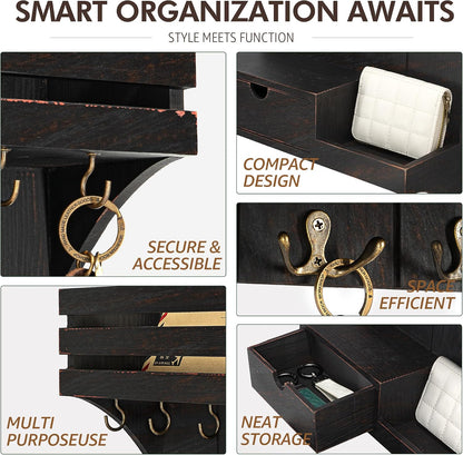 Rebee Vision Key Holder Wall Mount with Drawer Organizer for Entryway,Brown | Pine Wood, 6 Key Hooks, Display Shelf for Plants, Mail Slot for Storage Letter, Multi-Funtional Design, Home Storage