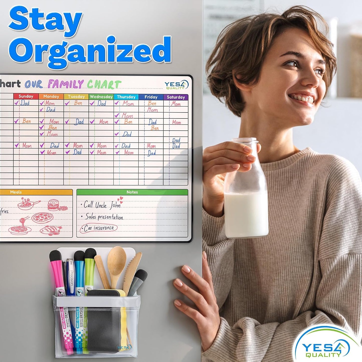 YES4QUALITY Magnetic Pen Holder for Refrigerator with Strong Magnetic Back, Dry Erase Marker Holder Ideal for Whiteboard & Fridge, Clear & White Pencil Cup
