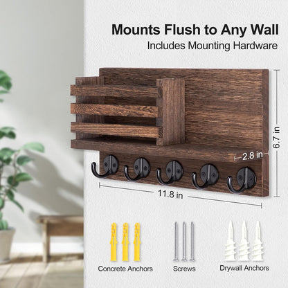 Lwenki Key Holder for Wall – Decorative Wooden Mail Holder and Key Shelf with Mounting Hardware, Installation Guide – Paulownia Wood with Metal Key Hooks (Black, Large - 11.8inch)