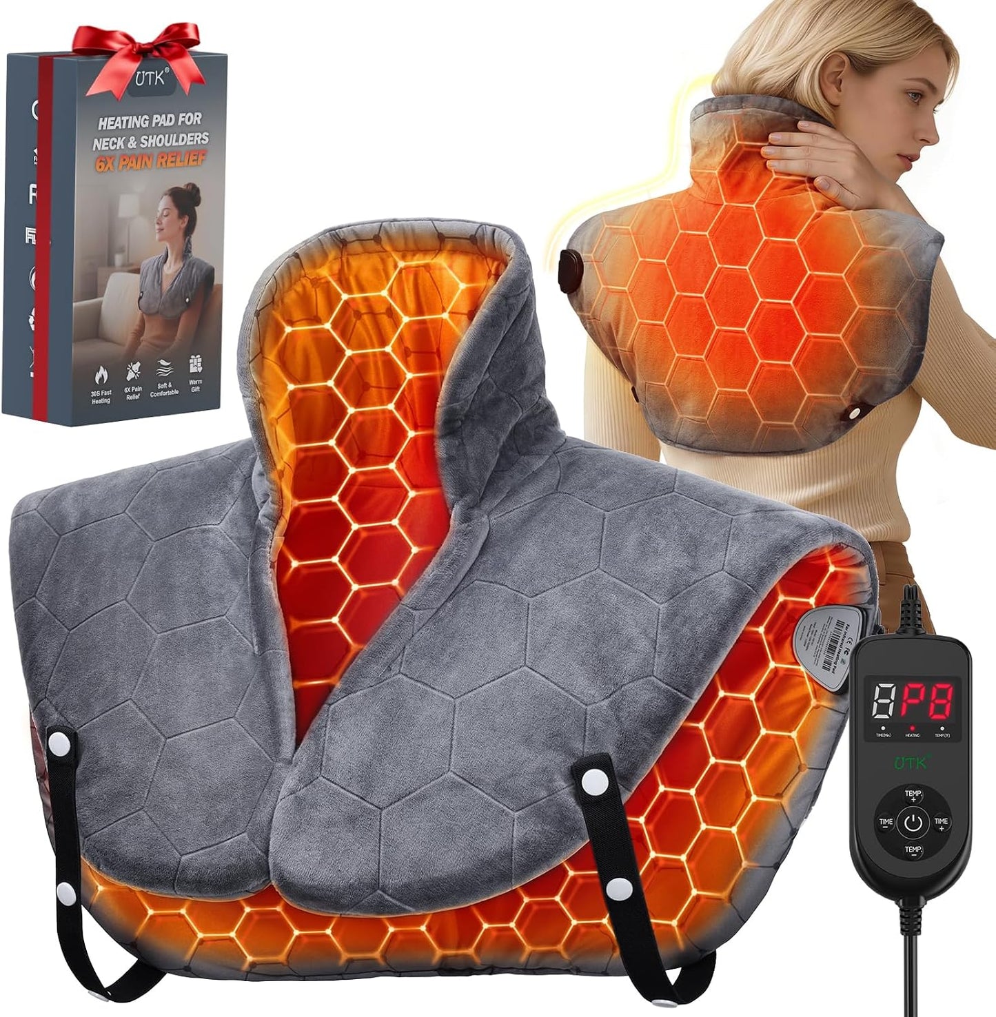 UTK 30s Fast Heating Pad for Neck and Shoulders and Back, Far Infrared Graphene Wrap with 6X Deeper Pain-Relief, 8 Heat Levels, Auto Shut-Off & Memory, 24"x20" Weighted Heating Pads Gift (Grey)