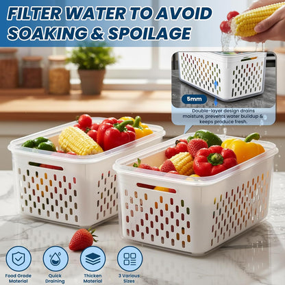 3 Pack Fruit Storage Containers for Fridge with Lids Organizers Basket Refrigerator Colander Kitchen Strainers and Colanders Vegetable Produce Food Glass Washer Airtight Lettuce Keeper Salad