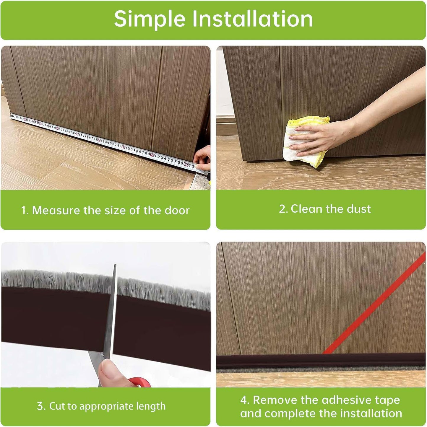 2 PCS Brush Door Sweep, Draft Stoppers Bottom, 2" W x 39" L, Black | No Residue, Strong Adhesive Draft Stopper with Brush for Interior Door, Bottom Seal Strip for Protection Against Bug, Dust