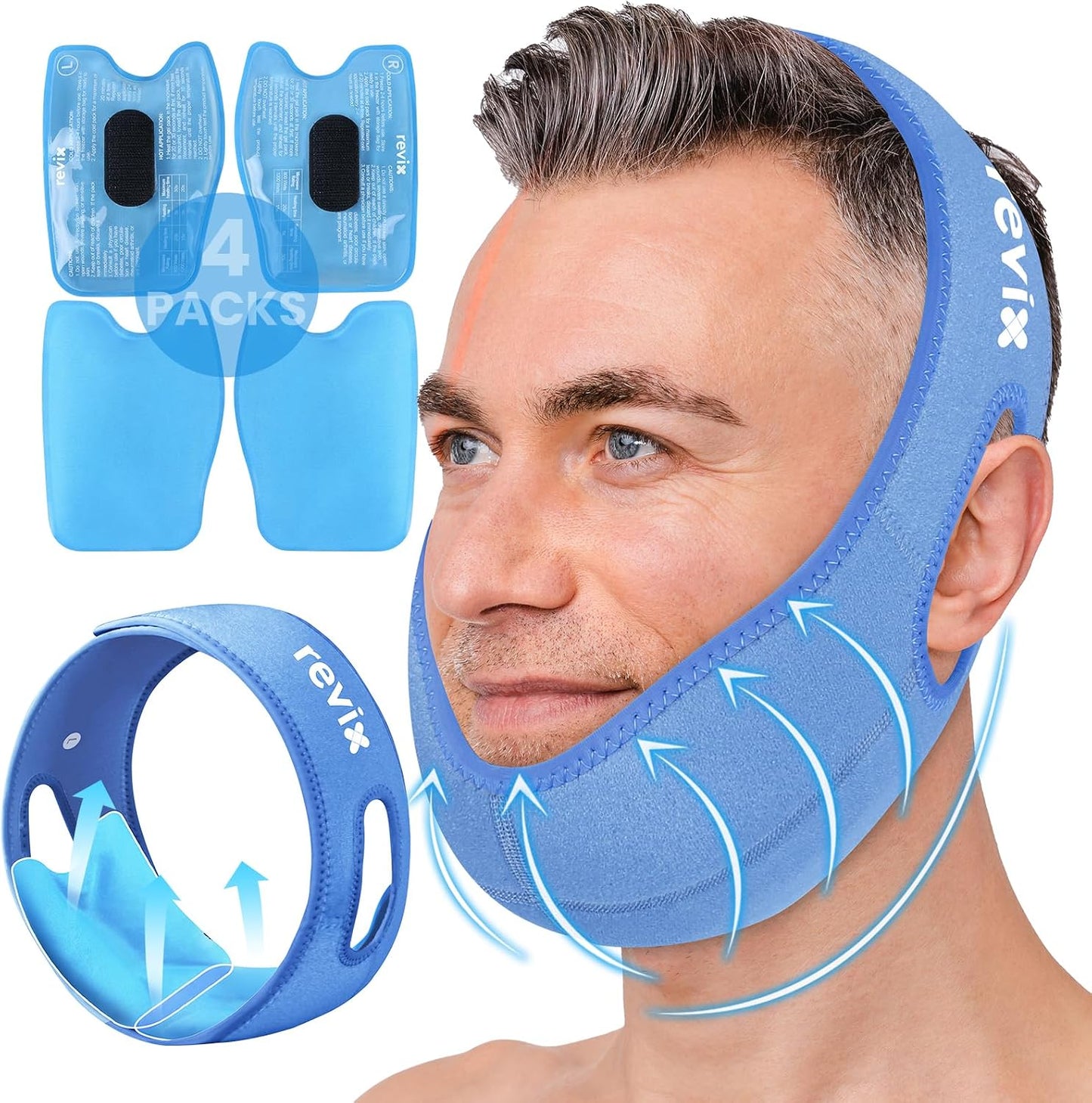 REVIX Wisdom Teeth Ice Pack Head Wrap for Face, Jaw & Chin Relief, Black | For Oral Surgery, Tooth Extraction, TMJ & Teeth Removed, 4 Reusable Hot & Cold Gel Packs, 3D Snug Fit
