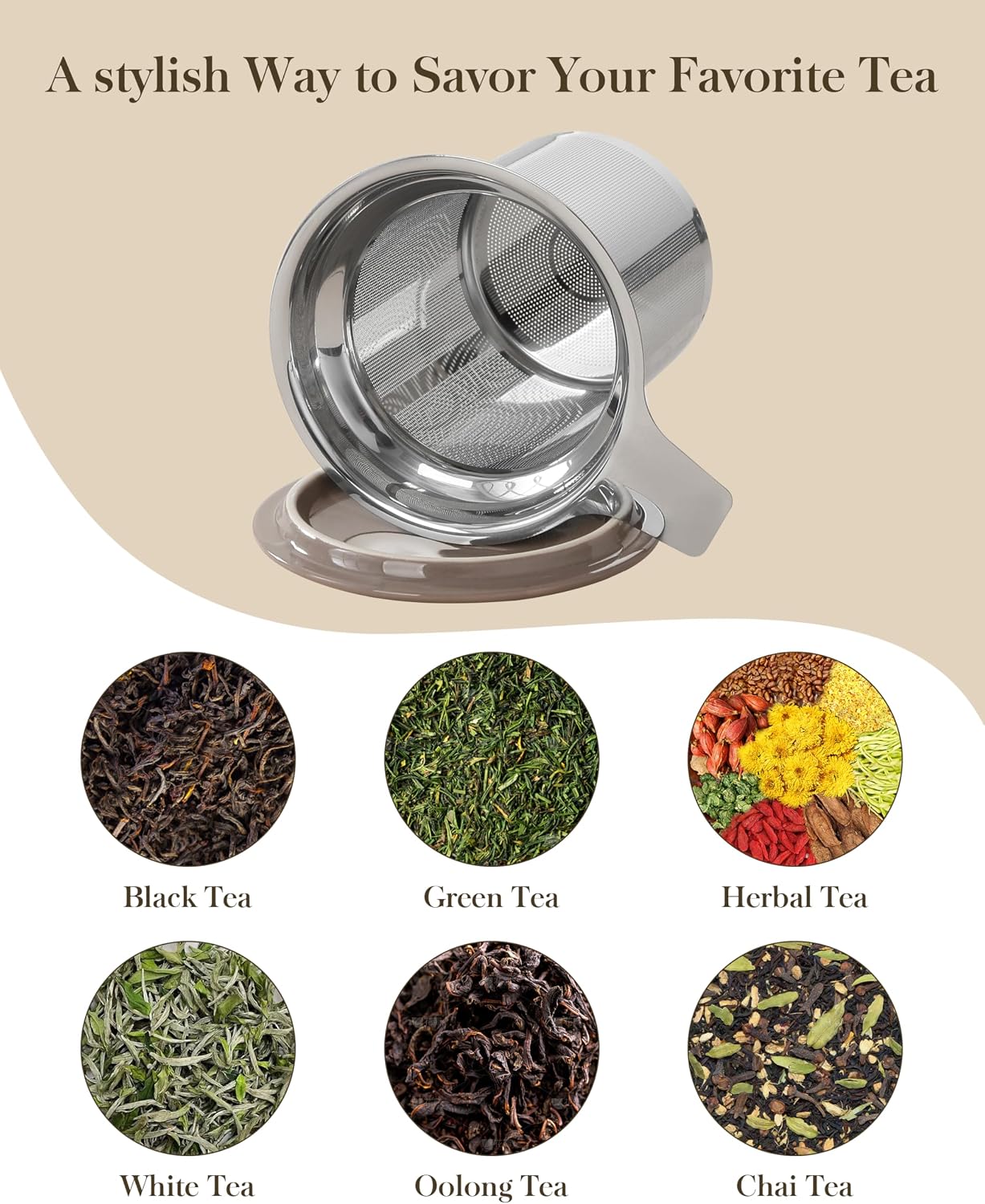 MALACASA Ceramic Tea Mug with Lid and Stainless Steel Infuser, 18 oz Large Tea Cup for Loose Leaf Tea, Heat-Resistant, Microwave & Dishwasher Safe, Speckled Glaze Coffee & Tea Brewer Mug, Khaki Brown