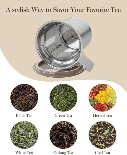 MALACASA Ceramic Tea Mug with Lid and Stainless Steel Infuser, 18 oz Large Tea Cup for Loose Leaf Tea, Heat-Resistant, Microwave & Dishwasher Safe, Speckled Glaze Coffee & Tea Brewer Mug, Khaki Brown