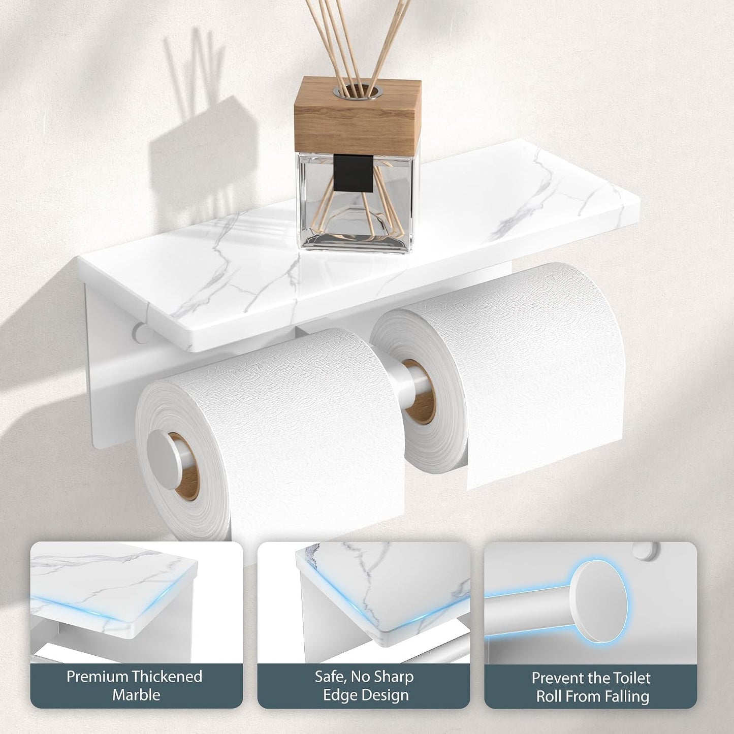 FORIOUS Toilet Paper Holder with Shelf, Natural Marble, Commercial | Brushed Nickel, Wall Mount 304 Stainless Steel Commercial Bathroom Tissue Roll Dispenser, Heavy Duty Washroom Paper Storage