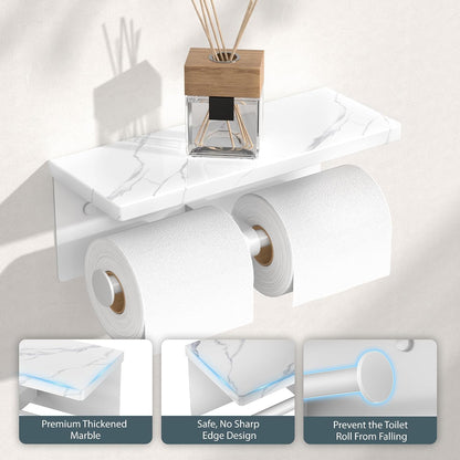 FORIOUS Toilet Paper Holder with Shelf, Natural Marble, Commercial | Brushed Nickel, Wall Mount 304 Stainless Steel Commercial Bathroom Tissue Roll Dispenser, Heavy Duty Washroom Paper Storage
