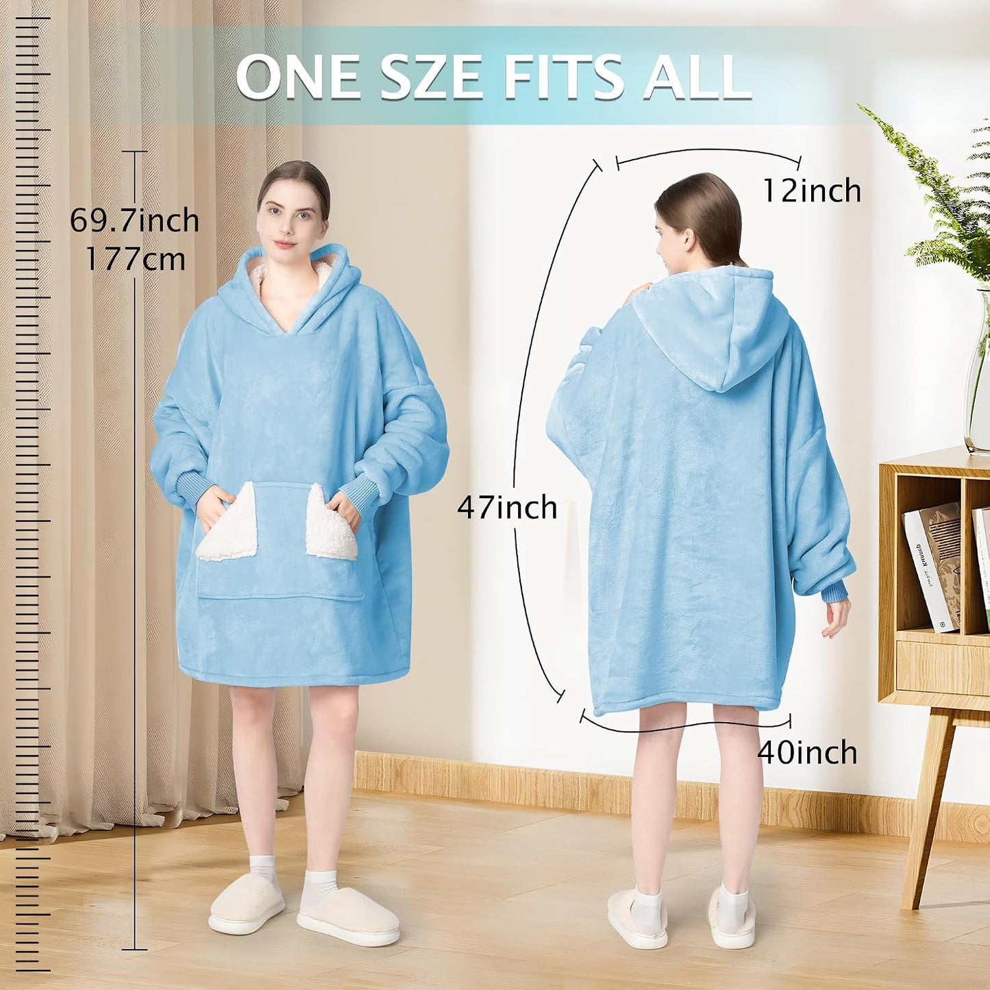 Wearable Blanket Hoodie, Oversized Sherpa Fleece Sweatshirt Blanket with Giant Hood Pocket and Sleeves for Adult, Warm & Cozy Grey Blanket Gifts for Women