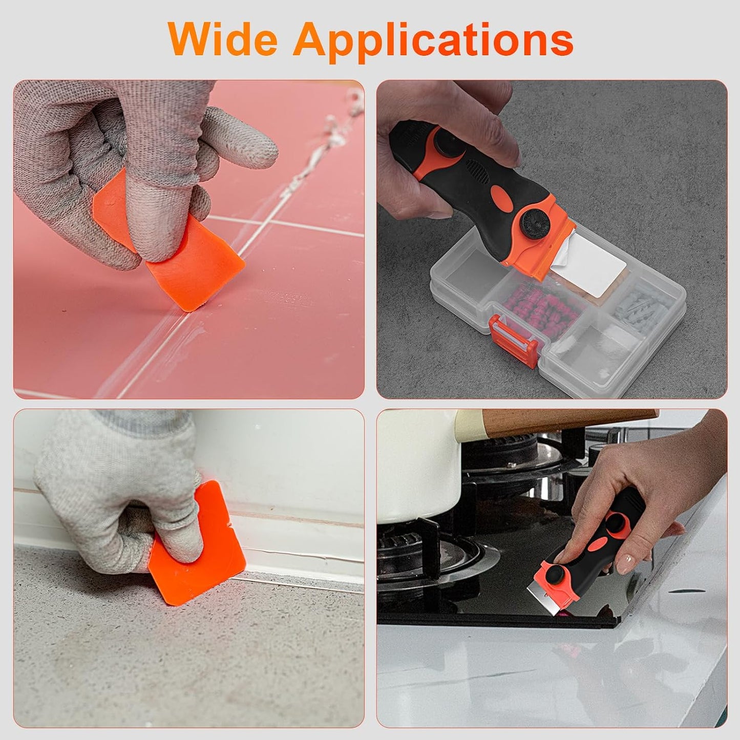 4 in 1 Silicone Caulking Tool Kit, Stainless Steel Caulk Remover Tool | Durable Construction, Quick & Easy to Use, 5 Replaceable Silicone Pads, Protective Gloves, Remove, Apply & Finish Caulk