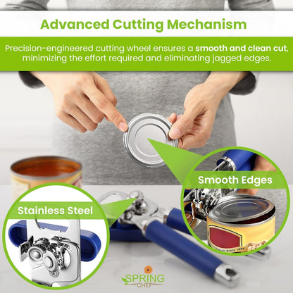 Spring Chef Stainless Steel Manual Can Opener with Soft Grip Handles, Black | Heavy Duty Hand Can Opener for Seniors with Smooth Edge, Easy Turn, 3in1 Can Opener with Magnetic Lid Remover & Bottle Opener