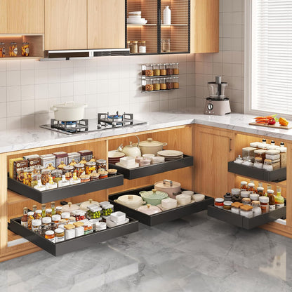 Seinloes 2 Pack Pull Out Cabinet Organizers 21"Deep with Raising Pad for Framed Cabinets,Expandable Slide Out Drawers Upgrade 3 Slide Rails,Roll Out Shelves Adhesive,Adjustable Width 12"-20.45" White