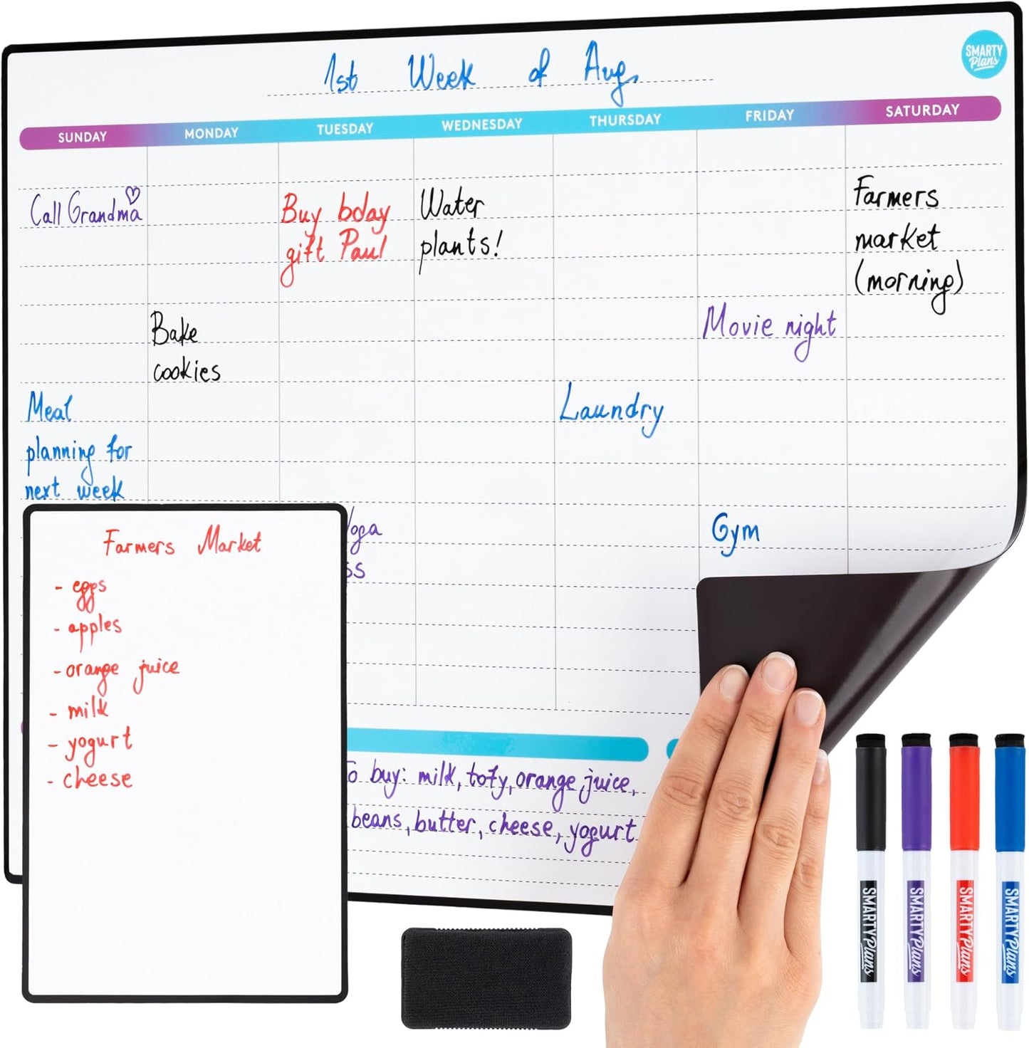 Dry Erase Weekly Extra Thick Magnetic Calendar for Refrigerator: 17x13 Two Week Planner and 6x9 White Board, 4 Fine Tip Markers and Eraser. Stain Resistant. Shipped Flat. (Monthly Planner)