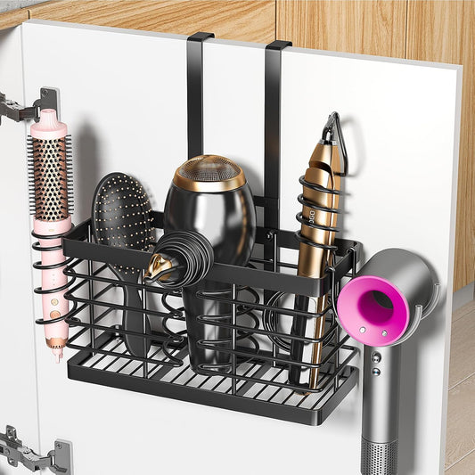 3-in-1 Universal Hair Dryer Holder, Adjustable Height Metal Blow Dryer Organizer, Wall Mounted Or Over Cabinet Door, Free Standing Silvery Hair Tool Storage for Bathroom Standard Black