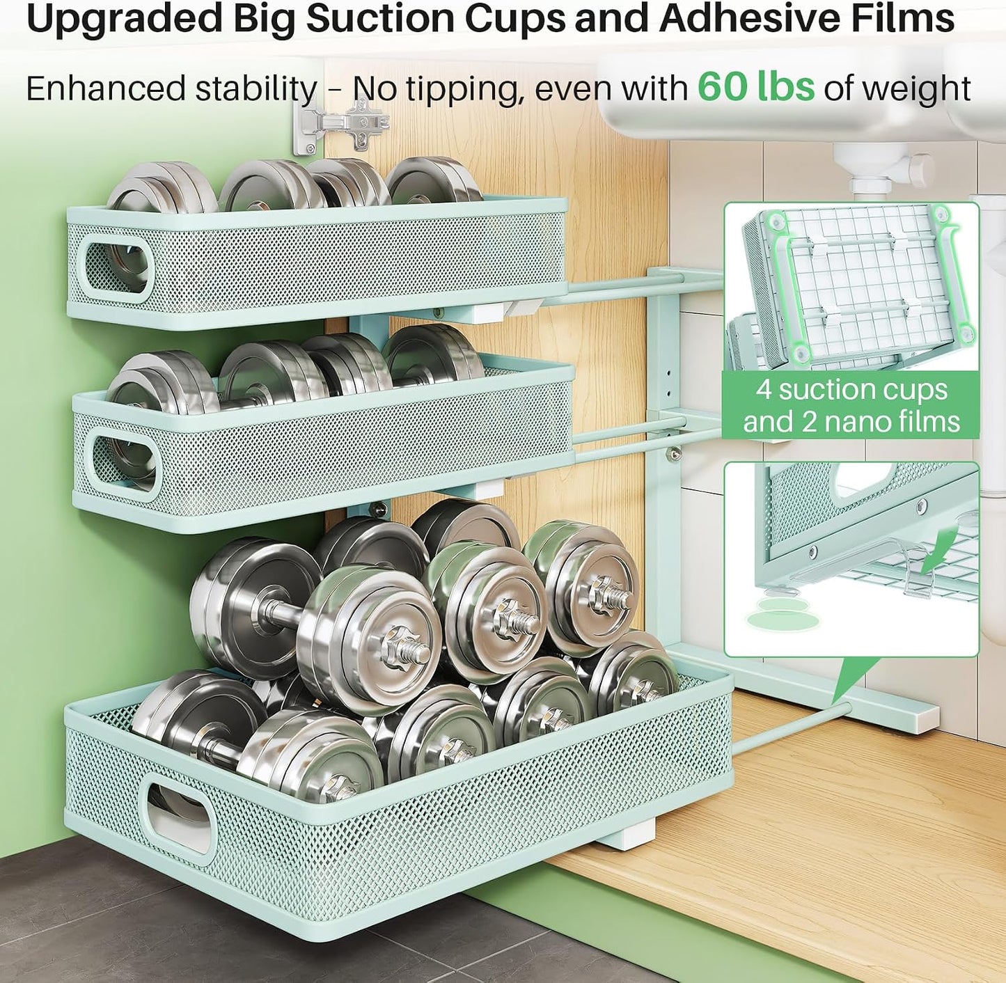 Kitstorack Under Sink Organizer, 2-Pack 3-Tier Height Adjustable Thickened Metal Pull out Cabinet Organizer Shelf, Slide out Storage Drawer Rack for Bathroom Kitchen Pantry Home Laundry Organization
