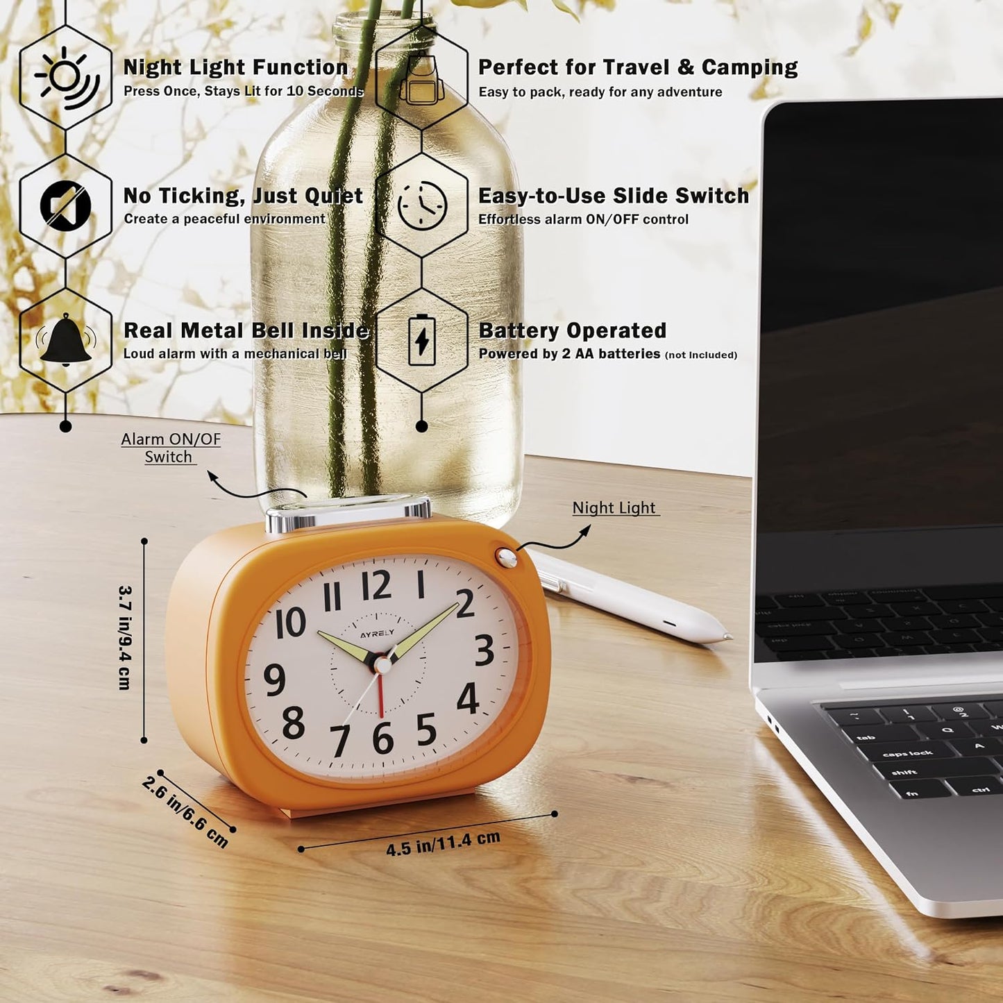 AYRELY® 4.5" Loud Analog Alarm Clock for Heavy Sleepers, 100 dB Alarm Sound | Mechanical Bell, Silent Quartz Desk Clock and Table Clock with 10-Second Night Light, Luminous Hands for Bedroom and Bedside