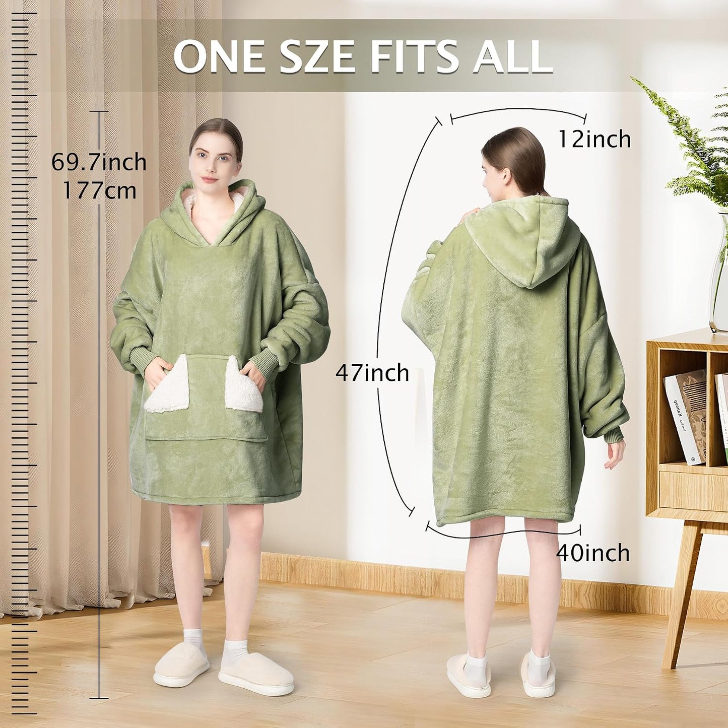 Wearable Blanket Hoodie, Oversized Sherpa Fleece Sweatshirt Blanket with Giant Hood Pocket and Sleeves for Adult, Warm & Cozy Grey Blanket Gifts for Women