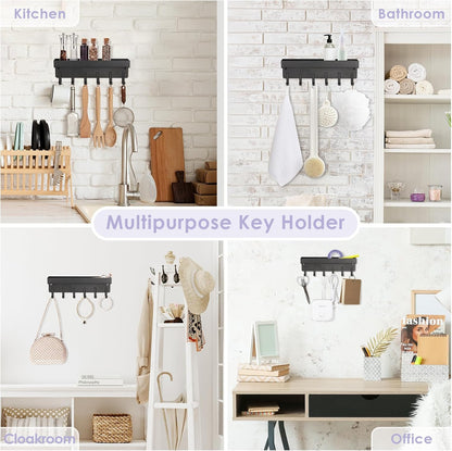 VIS'V Key Holder Wall Mount, Adhesive Key Rack with Tray, 6 Hooks, Black | 2 Mount Options, Compact Discreet Design, Suitable for Entryway, Hallway, Doorway, Kitchen, Garage, Camper