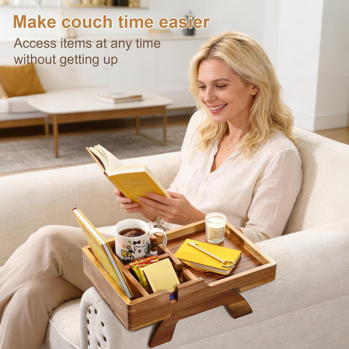 Couch Armrest Table, Acacia Wood Sofa Arm Table with 2 Cup Holders, 15.4"x9.8" Large Foldable Clip on Couch Arm Tray Table with Remotes Storage Slot