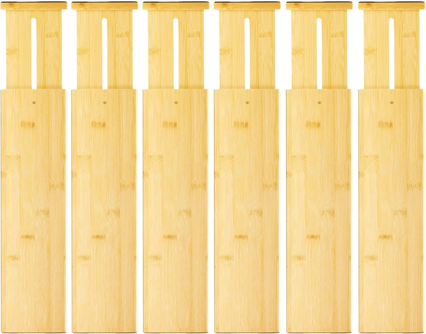 VaeFae 6-Pack Adjustable Bamboo Drawer Dividers, Expandable Drawer Organizer for Kitchen Utensils, Clothes, Bathroom, Office – Fits Drawer Interiors 16.6" to 21.8"