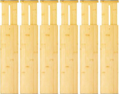VaeFae 6-Pack Adjustable Bamboo Drawer Dividers, Expandable Drawer Organizer for Kitchen Utensils, Clothes, Bathroom, Office – Fits Drawer Interiors 16.6" to 21.8"